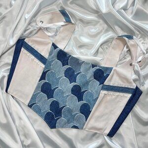 Denim Patchwork Corset Top – Heart Detail & Ribbon Tie Straps